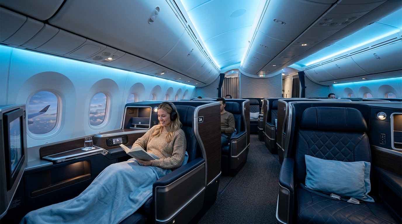 Luxury first class airplane cabin interior