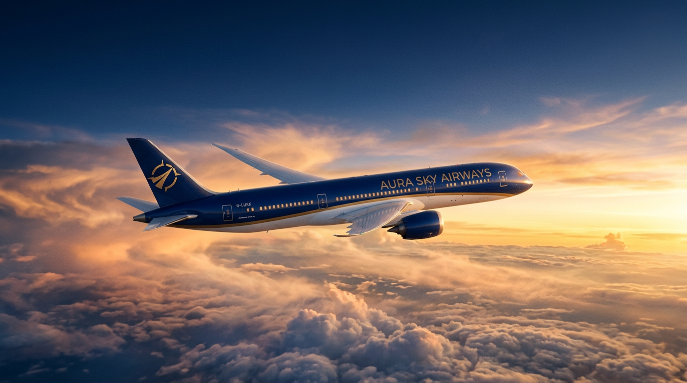 Commercial airplane flying above clouds at sunset